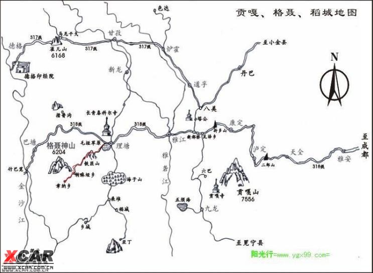 红线为理塘到喇嘛垭的乡村公路,约80km.