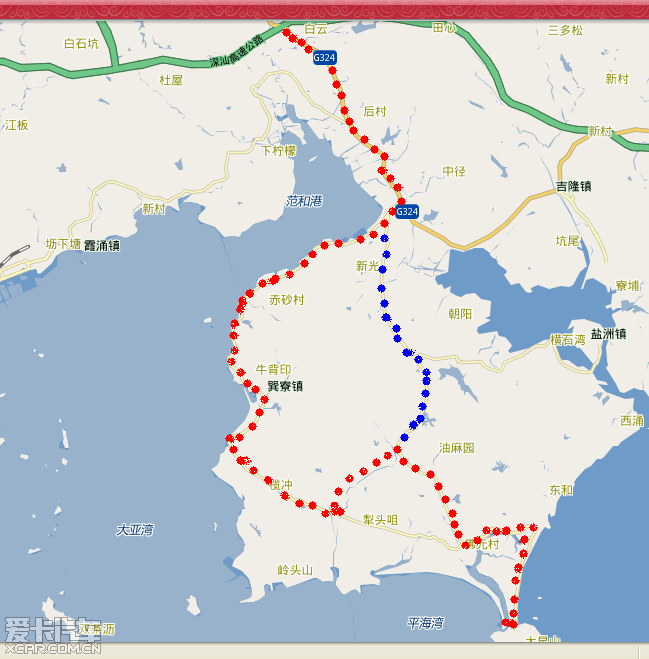 km→东部沿海高速入口(东部沿海高速,盐坝高速,87km→稔山(g324