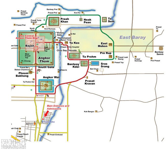 附吴哥窟的导游地图,红色是小圈,绿色是大圈,女王宫这些地方就在大圈