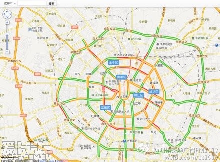 成都市区各主要干道路况信息,绿色为畅通,黄色