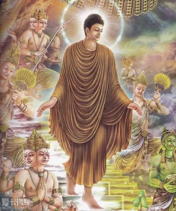 重返人间:佛陀在天宫说法后,沿着天梯下返人间,众天神恭敬围绕.