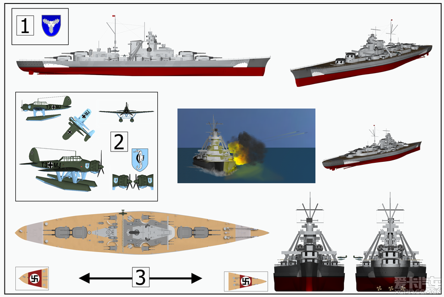 俾斯麦号战列舰(德语:Bismarck)平面视图 [25P