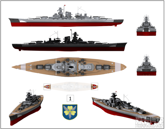 俾斯麦号战列舰(德语:Bismarck)平面视图 [25P