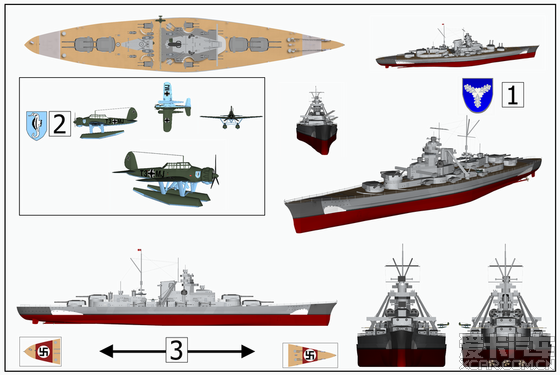 俾斯麦号战列舰(德语:Bismarck)平面视图 [25P