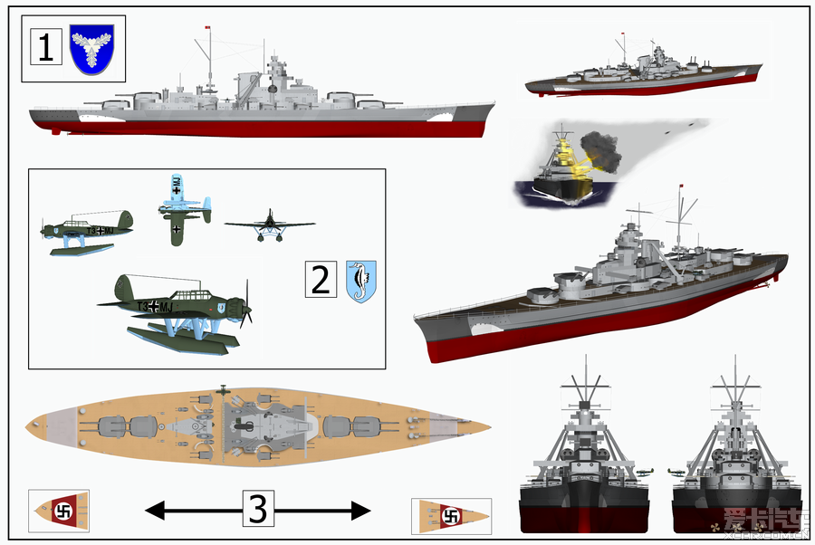 俾斯麦号战列舰(德语:Bismarck)平面视图 [25P