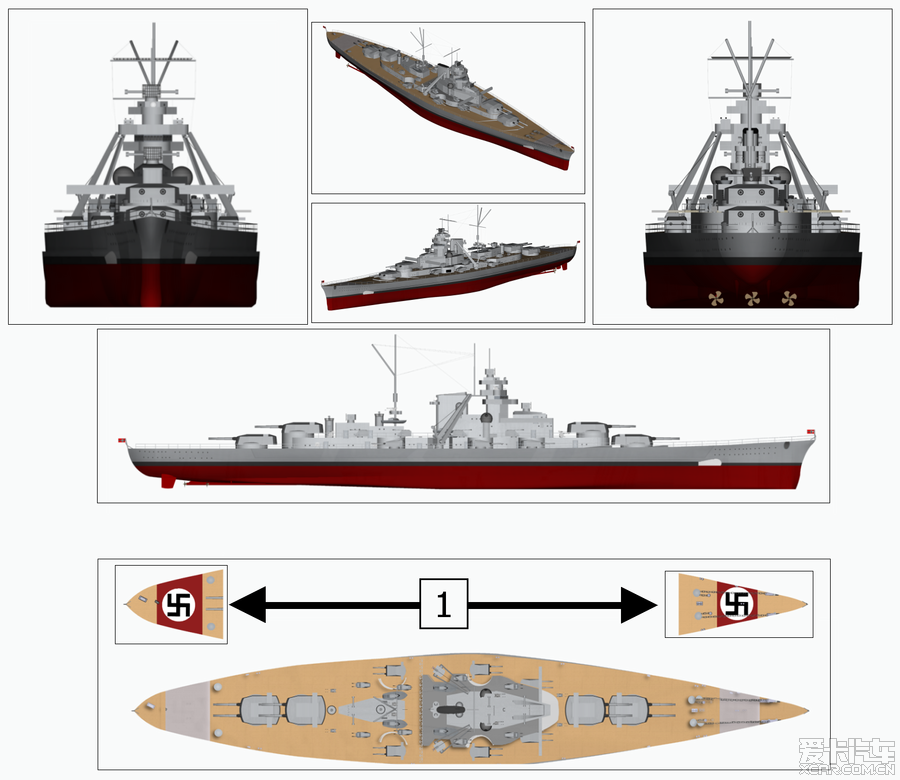 俾斯麦号战列舰(德语:Bismarck)平面视图 [25P