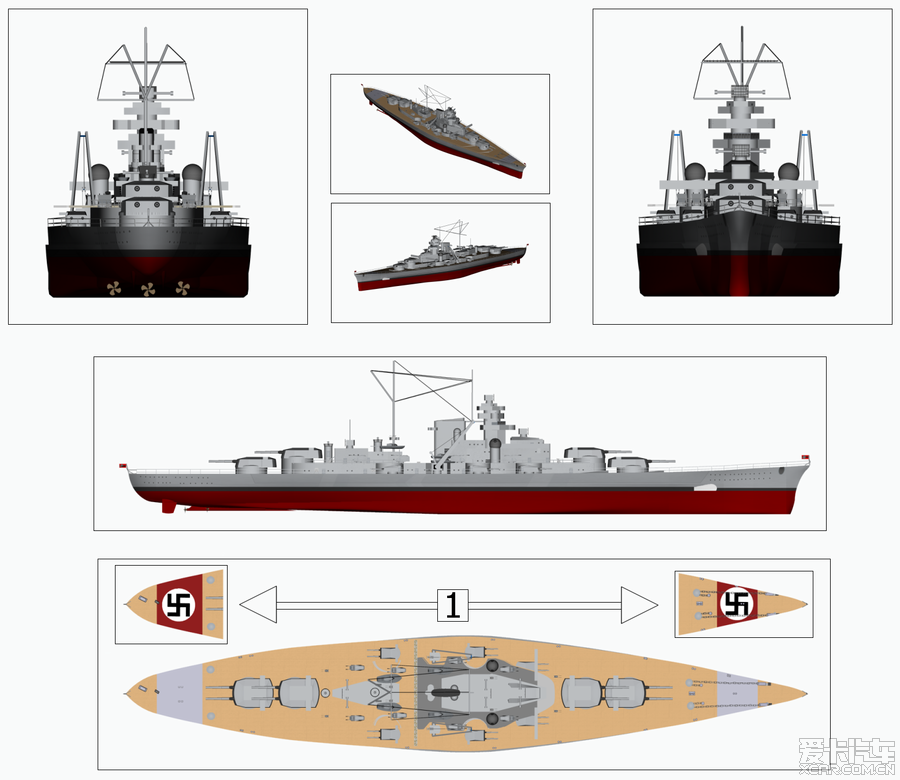 俾斯麦号战列舰(德语:Bismarck)平面视图 [25P