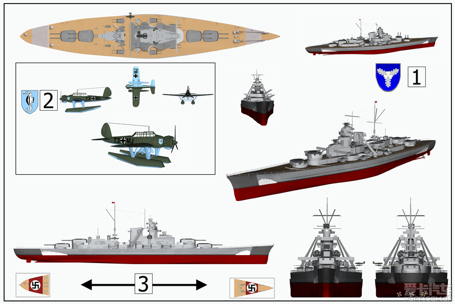 俾斯麦号战列舰(德语:Bismarck)平面视图 [25P