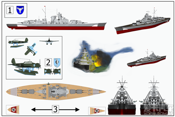 俾斯麦号战列舰(德语:Bismarck)平面视图 [25P