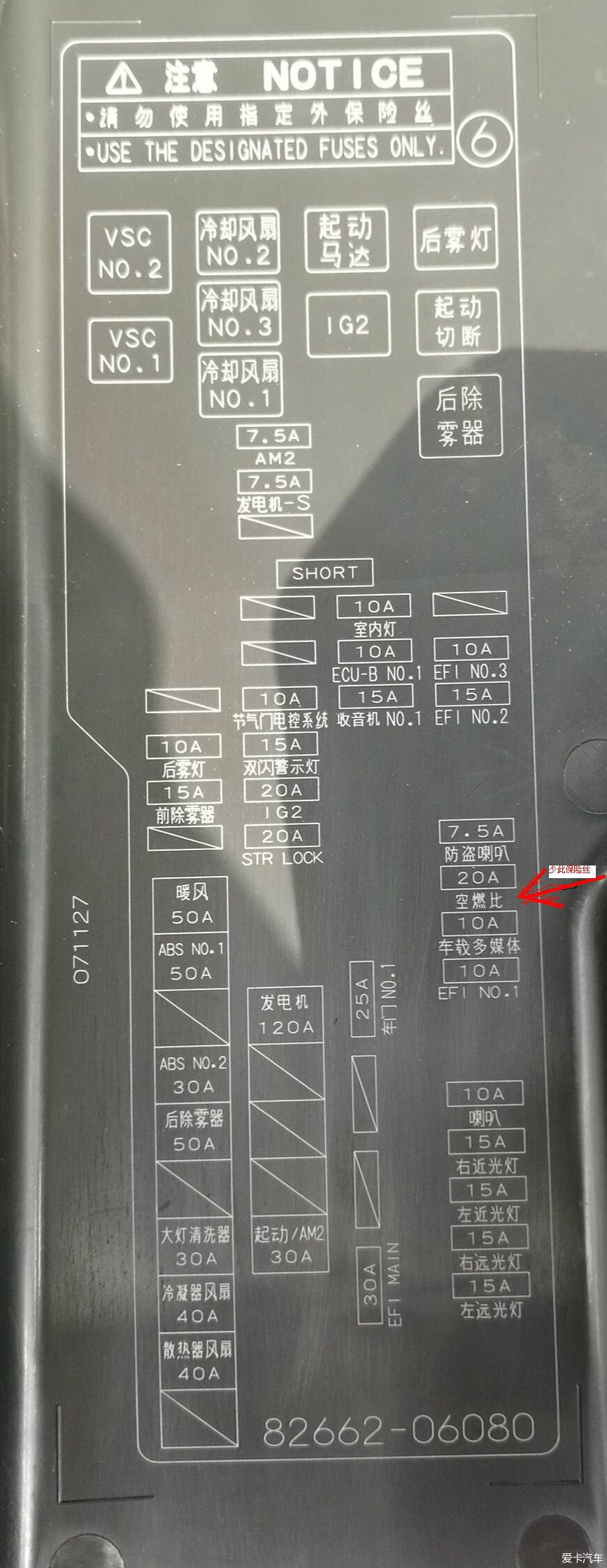 08款凯美瑞保险丝盒中空燃比保险丝是空的,大家的是空