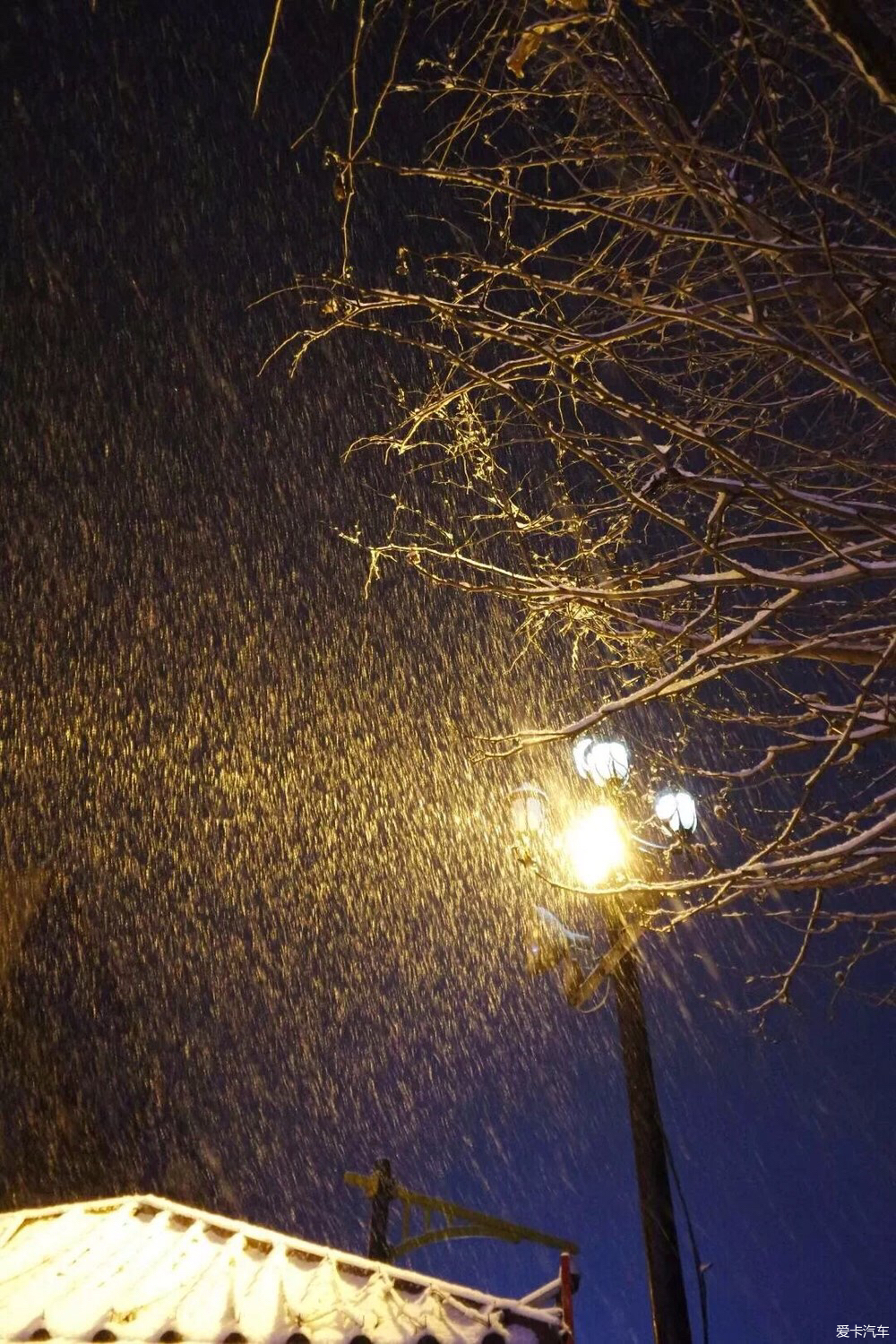 傍晚时分雨夹雪就开始了,等到完全黑下来气温降低后,就演变成纷飞的