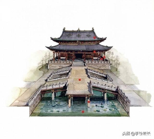 一组精美的中国古建筑手绘图