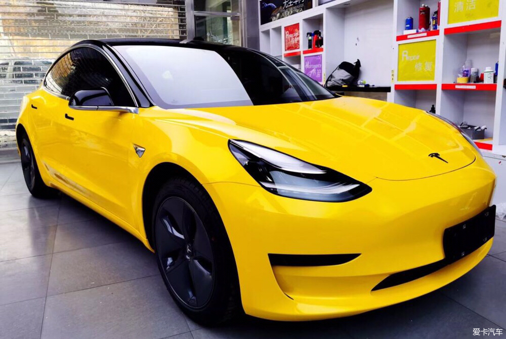 杭州特斯拉model3车身改色贴膜漆面葵黄改色膜施工效果