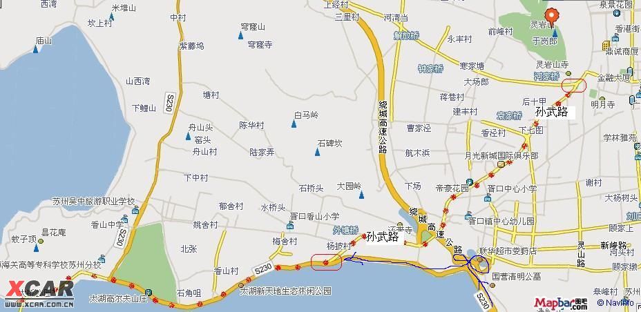 一看图就清楚了(兰线是上海-苏沪高速-苏州绕城过来的路线,其实灵岩山