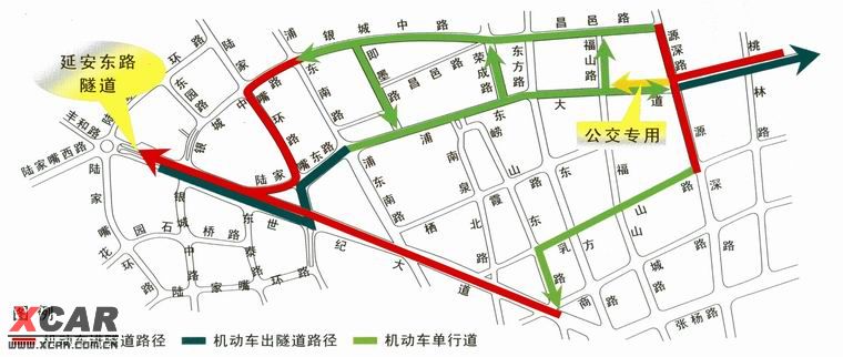 上海浦东大道东西通道施工绕行示意图
